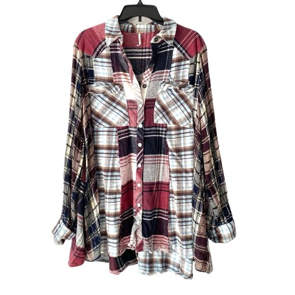 Free People Penny Plaid Mini Shirtdress Embellished Red Blue Beaded size Medium - Picture 4 of 15